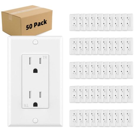 Outlet Socket, Decorator Receptacle, 15 Amp, 125 Volt, Tamper Resistant, TR Grounding with Wall Plates UL Listed White 50pack