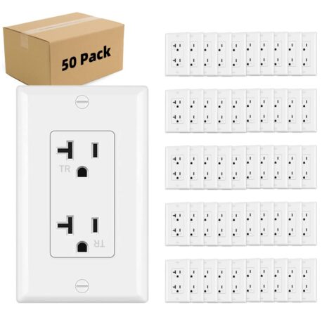 Outlet Socket, Decorator Receptacle, 20 Amp 125 Volt, Tamper Resistant, Grounding UL Listed White with Wall Plates 50pack